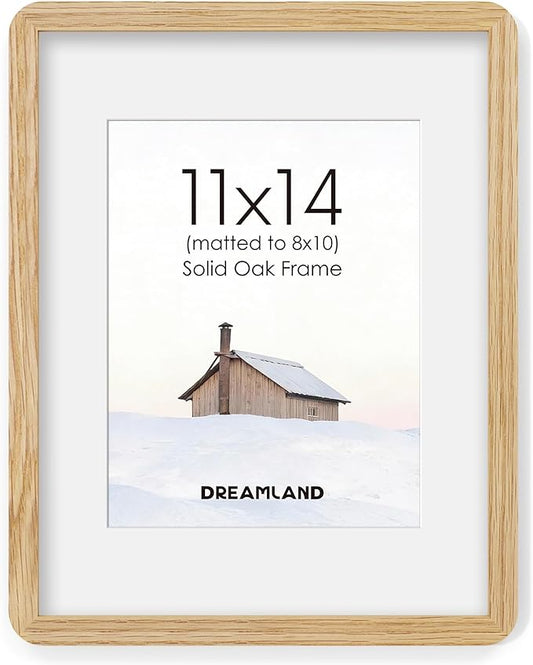 Dreamland 11x14 Picture Frame, Solid Oak Wood Photo Frame with Mat for 8x10, Round Corner 11 x 14 Matted Picture Frames with Resistant Plexiglass for Wall Mounting or Tabletop, Oak Color, Set of 1