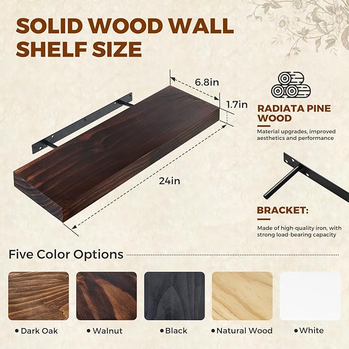 Floating Wall Shelves 24x6.8x1.7 Inch – Solid Wood Rustic Shelves in Walnut Finish – Wall Mounted Display Shelf for Bathroom, Kitchen, Bedroom – Set of 2