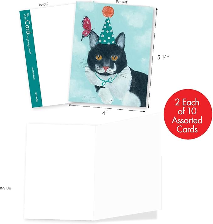 The Best Card Company 20 Assorted Blank Notes Bulk Box Set 4 x 5.12 Inch with Envelopes (10 Designs, 2 Each) Butterfly Cats AM7375OCB-B2x10