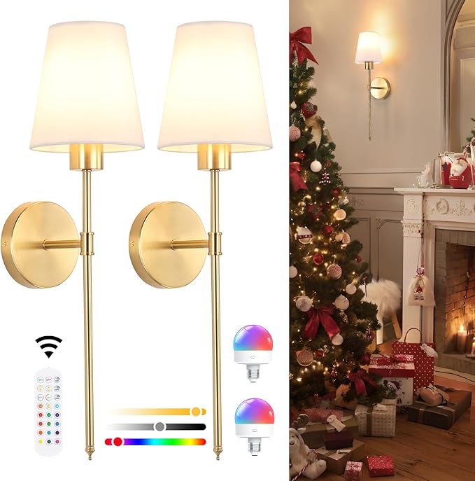 Fabric Wall Sconce Battery Operated Set of 2, Rechargeable Wall Lights with 5000mAh RGB Dimmable Bulb, 12 Colors Wall Sconces for Bedroom Living Room, Gold