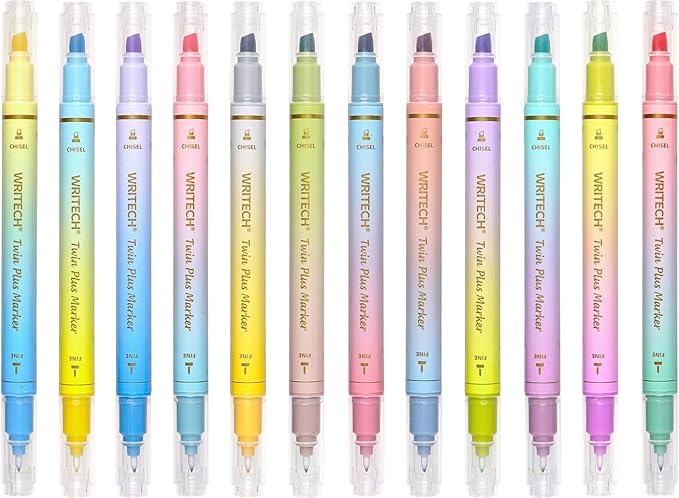 WRITECH Dual Tip Highlighter Markers: Aesthetic Fine & Chisel Tip Assorted Pastel Colors Marker Multicolor Pens Pack for Bible Highlighting Journaling Drawing 12ct.