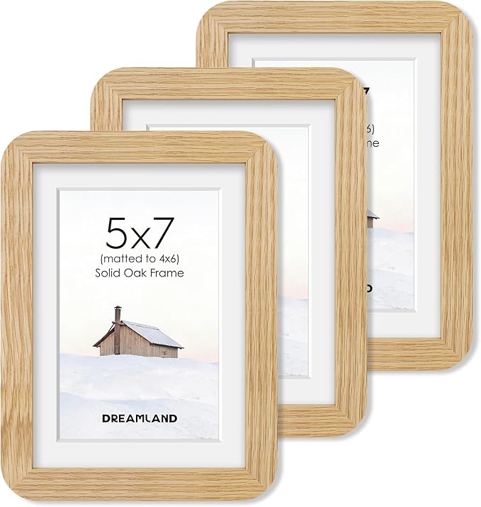 Dreamland 5x7 Picture Frame Set of 3, Solid Oak Wood Photo Frame with Mat for 4x6, Round Corner 5 x 7 Matted Picture Frames with Resistant Plexiglass for Wall Mounting or Tabletop, Oak Color