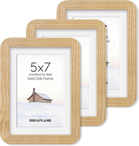 Dreamland 5x7 Picture Frame Set of 3, Solid Oak Wood Photo Frame with Mat for 4x6, Round Corner 5 x 7 Matted Picture Frames with Resistant Plexiglass for Wall Mounting or Tabletop, Oak Color