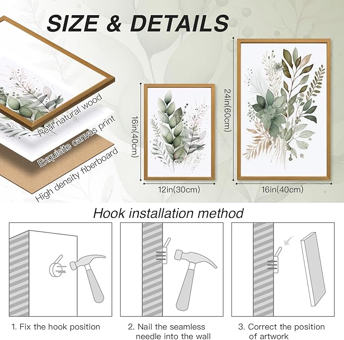 HLXRAE Watercolor Botanical Wall Art Set of 3, Neutral Sage Green Bathroom Wall Decor, Modern Floral Canvas Paintings, Minimalist Farmhouse Poster Prints for Bedroom Living Room Wood Framed 12x16 Inch
