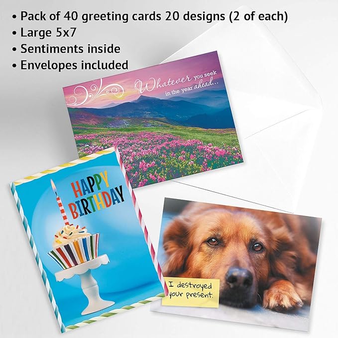 Current Mega Birthday Greeting Cards Value Pack – Set of 40 (20 Designs) Bulk Assortment, Large 5 x 7 inches, Envelopes Included