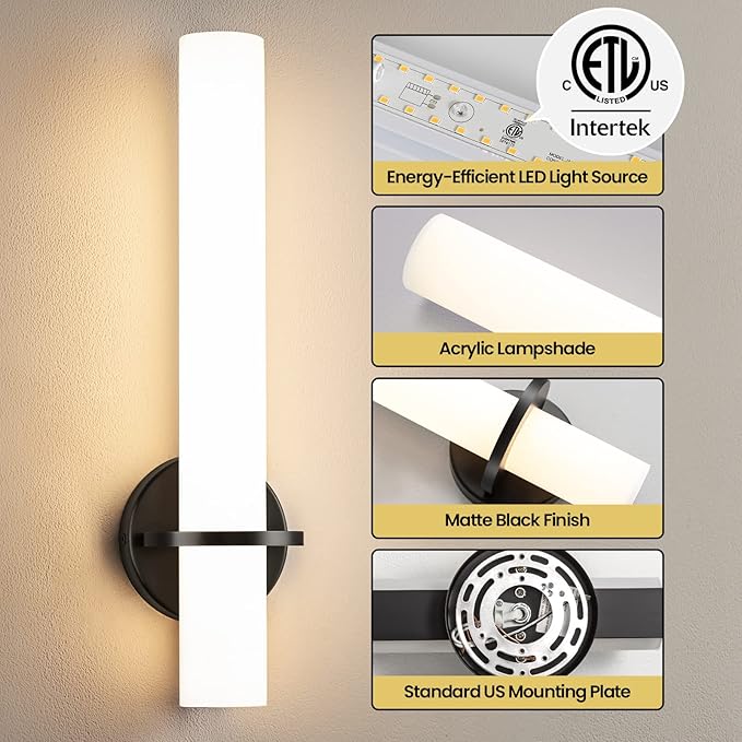 Black Wall Sconces Set of 2, 18 inch Bathroom Sconces with Acrylic Shade 18W 3000K LED Dimmable Modern Wall Sconces Wall Lights for Bedroom Living Room Hallway Stairway