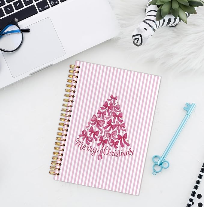 Coquette Pink Bow Christmas Spiral Notebook, Preppy Christmas Tree Journal for School Office Supplies, Girly Xmas Aesthetic Holiday Hardcover Journal 5.5x8.3 Inch