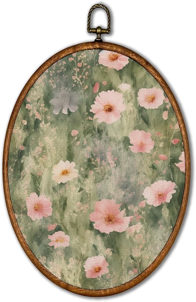 KSDUT Spring Pink Flower Wall Decor Art - Floral Botanical Wall Art Canvas Frame Hanging Prints, Preppy Trendy Wildflower Oval Wall Art Decor for Farmhouse Gallery Home Decorations 8.6"x11.4"