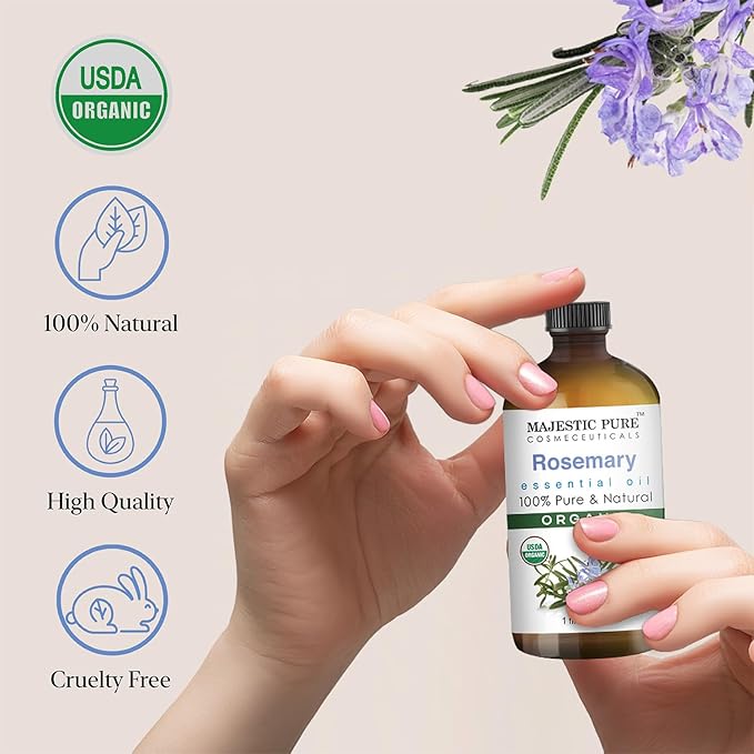 Majestic Pure Organic Rosemary Essential Oil - 100% Pure & Premium Oil for Hair Growth, Skin, Face, Aromatherapy & Diffuser - 1 fl oz | Perfect Oil for Hair Growth