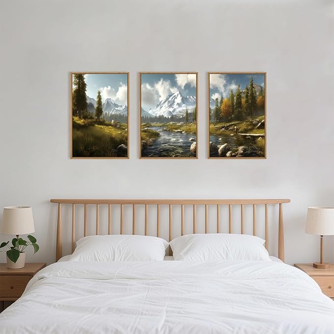 Large Watercolor Snow Mountain Framed Canvas Wall Art,Modern River Grassland Wall Decor,Natural Green Forest Artwork,Neutral Wood Landscape Art Print for Living Room,Bedroom,Office- 24"x36"x3