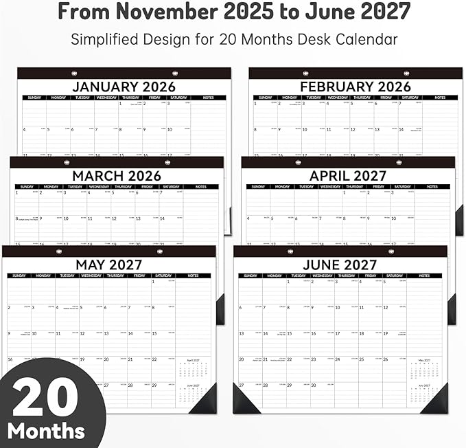 Forvencer Desk Calendar 2026, 20 Months Calendar, Nov. 2025-Jun. 2027, 14" x 11" Wall Calendar 2026 Monthly Planner with Plastic Cover & Stickers & Thick Paper for Office Home School Supplies, White