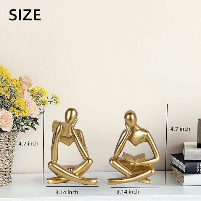 Prettidecor Reading Thinker Statue, Sculptures Abstract Art Ornament, Modern Aesthetic Figurine Decoration Set of 2 Status for Home Living Room Bedroom Office Shelf Table Desk Bookshelf Decor (Gold)