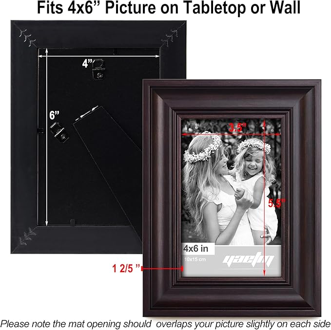Yaetm 4x6 Picture Frame Set of 4, 1.4” Wide Molding & Dark Brown Photo Frames with HD Tempered Glass, Display on Tabletop & Wall Mounting, Brown