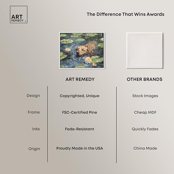 Art Remedy Monet Water Lilies Dog Rustic Chic Farmhouse Canvas Wall Art, White Floater Frame, 20"x16"