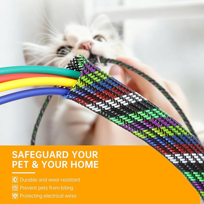 Braided Wire Loom Sleeve - Pet Proof Chew Resistant Cable Wrap, High Density Expandable Cable Sleeving for Automotive Wire Harness & PC Computer Case 16.4ft (7 Colors, 16mm (5/8"))
