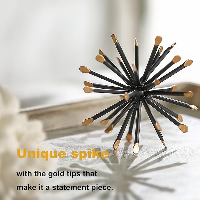 Retrome Black & Gold Sphere Decor, Metal Starburst Table Shelf Decor, Geometric Decorative Objects for Shelves, 3D Spike Decor Sculpture Home Decor Accents, 4.3”