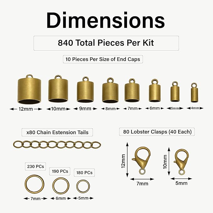 Mandala Crafts Antique Brass Leather Cord End Caps for Jewelry Making, Tassel Caps, 4mm to 12mm 840 PCs Cylinder Cord Ends, Kumihimo Supplies and Jewelry Findings