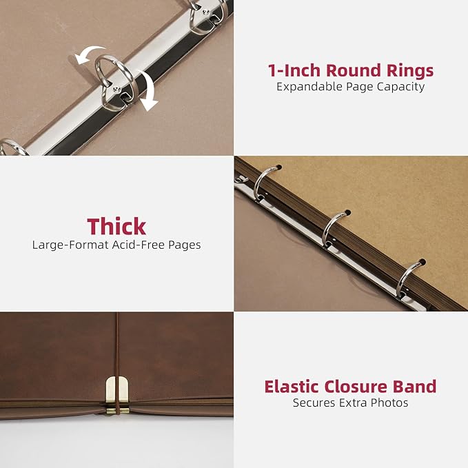 Vienrose Photo Album Scrapbook Kit, 3 Ring Faux Leather Cover DIY Memory Book Kraft Paper with 30 Sheets 60 Pages, Vintage Scrapbooking Supplies Set for Wedding, Anniversary, Family, Gifts, Brown
