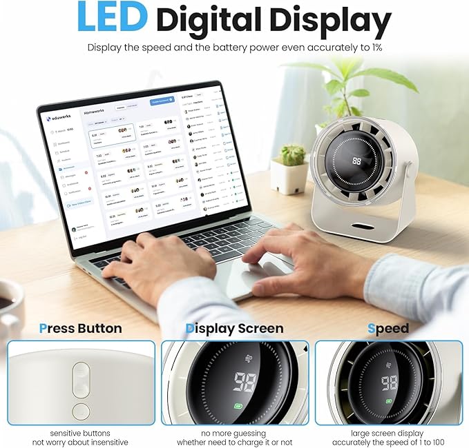 Small Desk Fan, 28dB Ultra-Quiet Desktop Air Circulator with 115° Adjustable Tilt, 100 Speeds, Rechargeable Battery, USB-Powered, Portable for Bedroom, Office, Kitchen, Travel -White