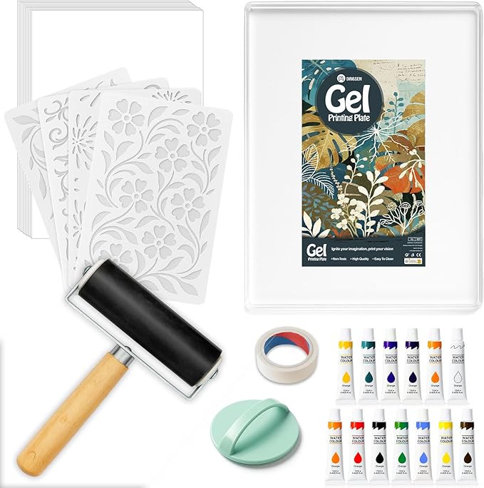 DINGSEN Gel Printing Plate Kit, Complete Printmaking Set with 8” X10” Gel Plate, Brayer, Watercolor Paints, A4 Printmaking Paper, and Essential Tools for Mixed Media Art, Monoprinting, Card Making