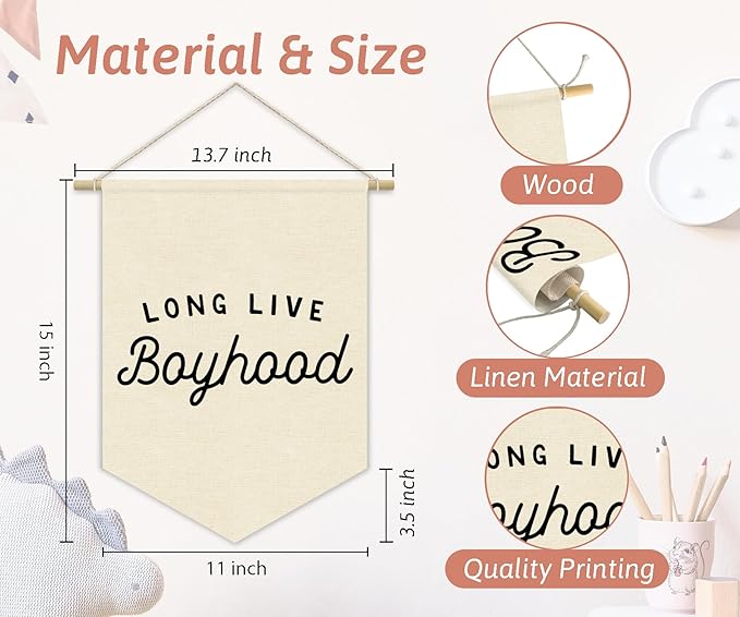 Boy Room Decor,Long Live Boyhood Canvas Banner Nursery Playroom Wall Decor for Boys Bedroom Toddler Decorations Teen Boy Room Decor,Playroom Decor Wall Hanging Flag 15x11 Inch（White)