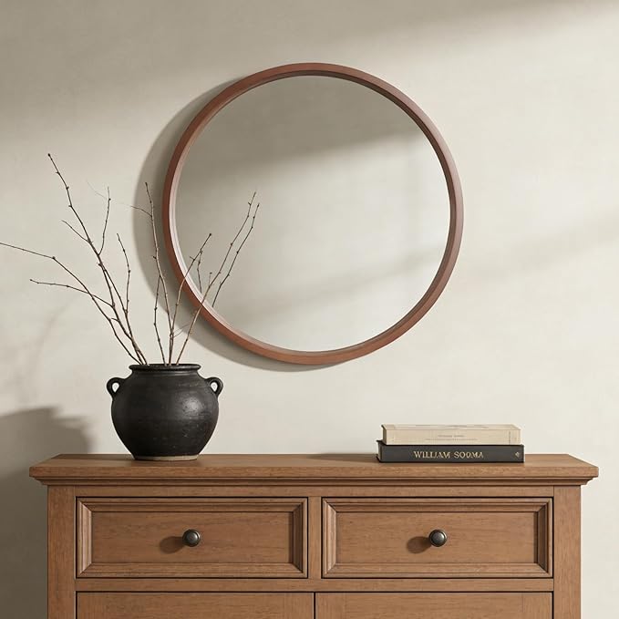 WallBeyond 28 Inch Round Wood Mirror, Large Circle Wooden Frame Wall Mirror for Bathroom, Living Room, Bedroom, Entryway (Walnut)