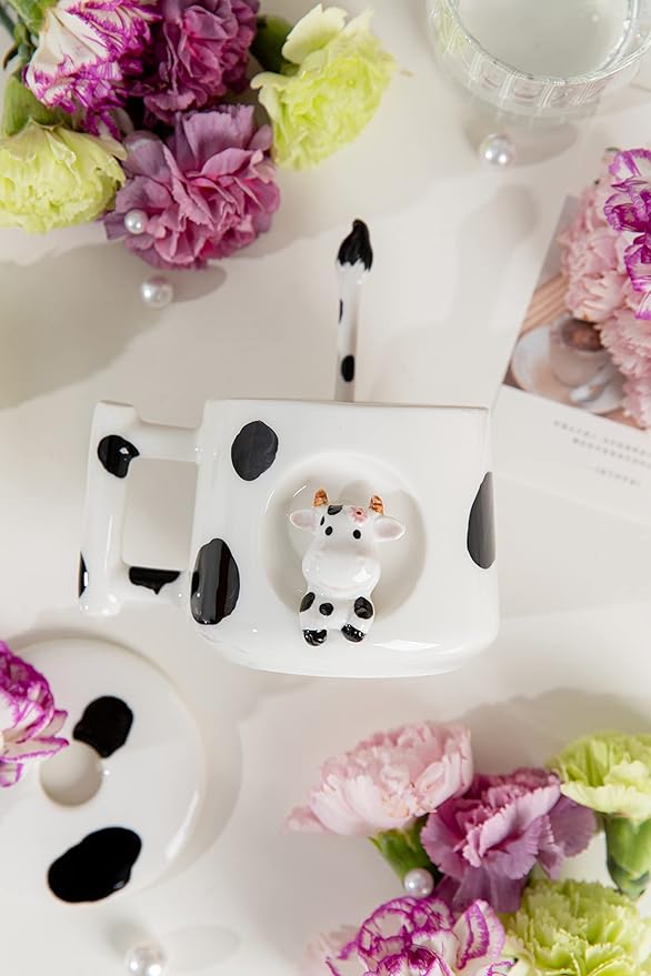 DIHOclub Adorable 3D Ceramic Cow Mug with Lid and Spoon - Perfect for Coffee, Tea, Milk, and More - Ideal Gift for Animal Lovers Gift for Mather- 14 Ounces(BLack white)