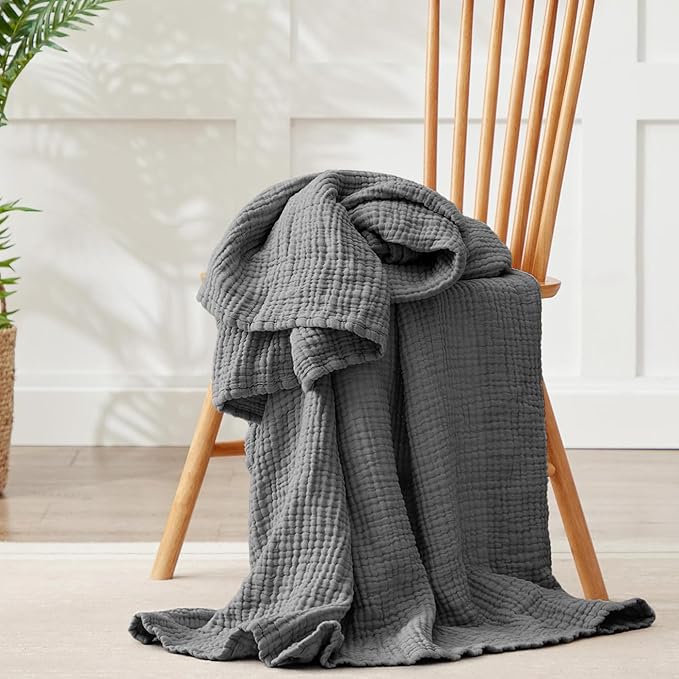100% Cotton Muslin Blanket Twin 66" x 90", Breathable and Lightweight Cotton Twin Blankets for Couch, Soft Cooling Summer Gauze Blanket for Adults All Season, Charcoal Grey