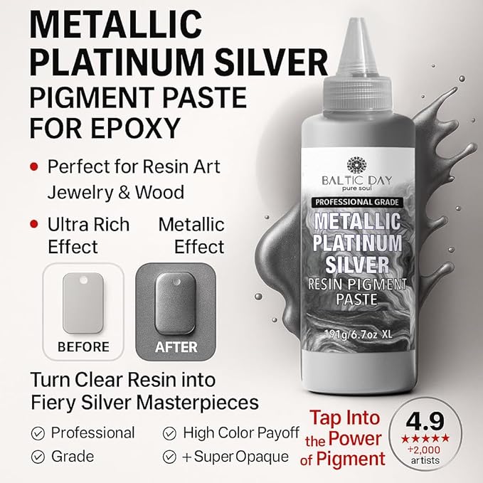 BALTIC DAY Metallic Platinum Silver Epoxy Resin Pigment Paste XL (191g/6.7oz) – Opaque Epoxy Dye & High Concentration Coloring Paste, Mica Powder Alternative for Resin Art, Jewelry, Tumblers