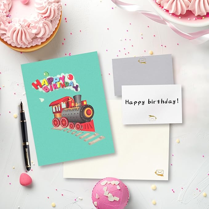 GREETING ART Train Musical Birthday Cards, Happy Birthday Train Card, 3D Pop Up Birthday Card, Light and Music Happy Birthday Card for Women, Men