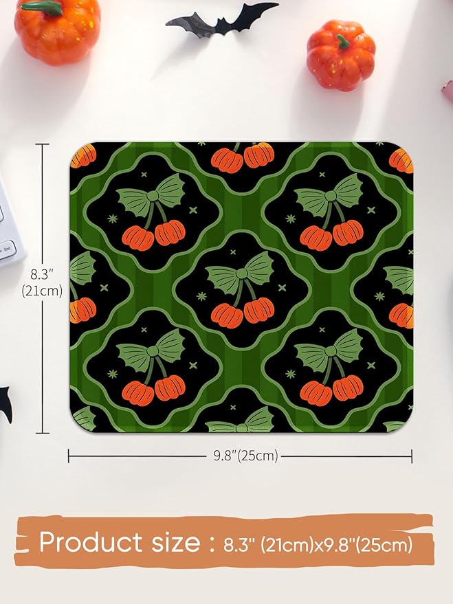 Seorsok Halloween Pumpkin Mouse Mat,Bow Ribbon Decor Mouse Pads for Office Laptop,Washable Square Cute Mousepads with Extended Stitched Edges Non Slip Rubber Base 9.5"x7.8"x0.12" Inch,Green