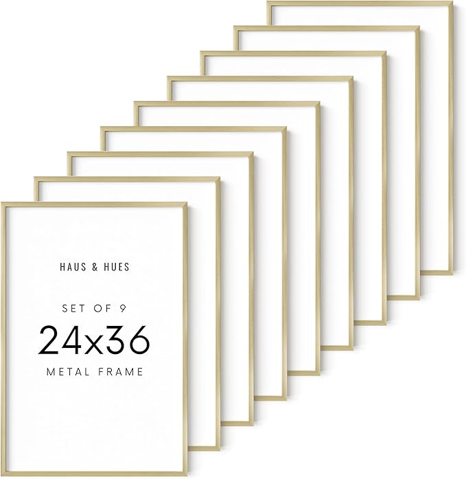 HAUS AND HUES 24x36 Gold Metal Picture Frames - Premium Aluminum with Vertical & Horizontal Hanging, Shatterproof Plexiglass - Ideal for Home, Office (24x36 in, Gold, Set of 9)