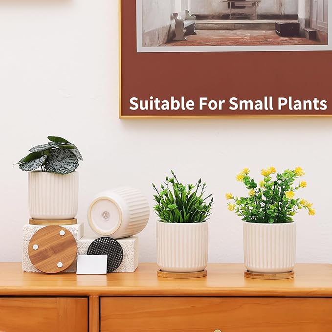 4 Inch Ceramic Plant Pots with Drainage Holes and Trays, Cylinder Vertical Stripes Small Flower Planter Pot with Bamboo Saucers for Indoor Plants, Succulent, Snake Plants, Cactus, Set of 4