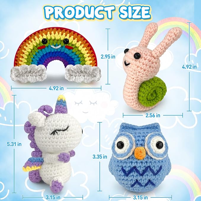 Roomaze Crochet Kit for Beginners,4 Pack Crochet Kits with Step-by-Step Video Tutorials, DIY Crochet Starter Kit for Adults Craft Kits for Adults-Ideal for A Gift (Owl,Unicorn,Snail,Rainbow)