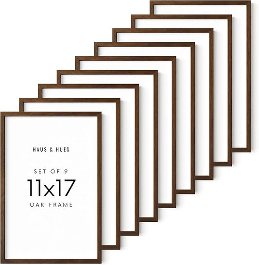 HAUS AND HUES Walnut Wood 11x17 Picture Frames - Set of 9, Natural Frames with Hanging Hardware