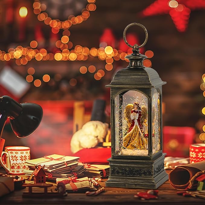 GenSwin Christmas Snow Globes with Music USB Rechargable Cable and Timer, Christmas Lantern Decorations Indoor, 1 Pcs Christmas Music Box with Angel and Reindeer for Festival PXFX-TS