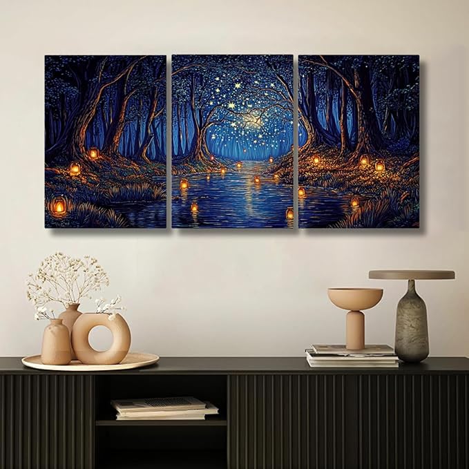 Oxzcimty Van Gogh Wall Art, Noche Estrellada De Van Gogh, Starry Night Canvas Wall Art for Bathroom, Living Room, Office, Bedroom (12" x 18" x 3 pcs)
