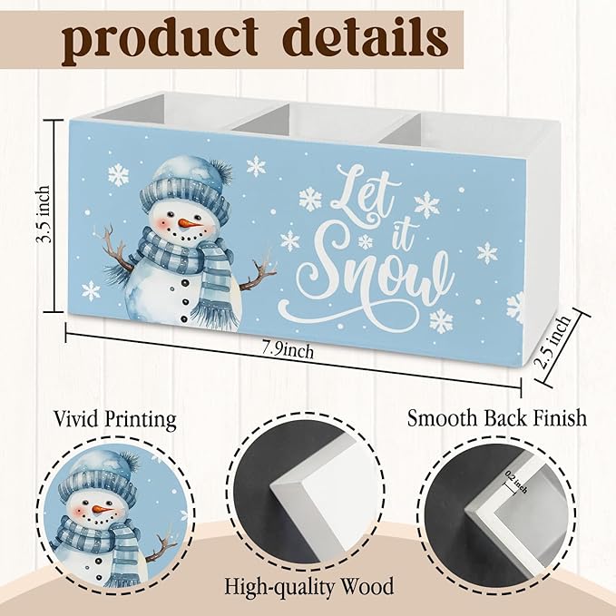 Blue Snowman Christmas Pen Pencil Holder Organizer for Desk Accessories, Snow Winter Christmas Wooden Box Sign Desk Decor for Home Office Decoration