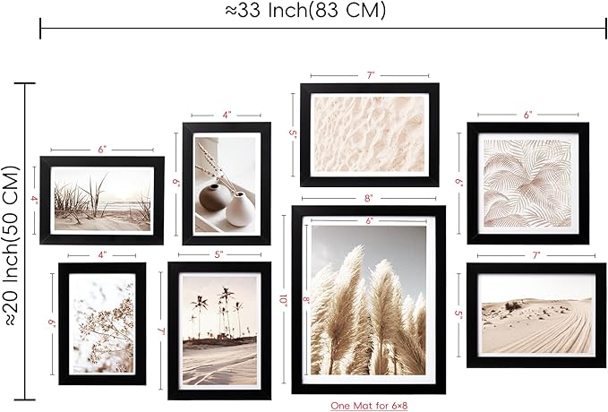 ArtbyHannah Gallery Wall Frame Set, 8 Pack Picture Frames Collage Wall Art Decor with Neutral Pampas Grass for Bedroom, Assorted Size Including 8"x10", 5"x7", 4"x6", 6"x6"(Black Frame,Small)