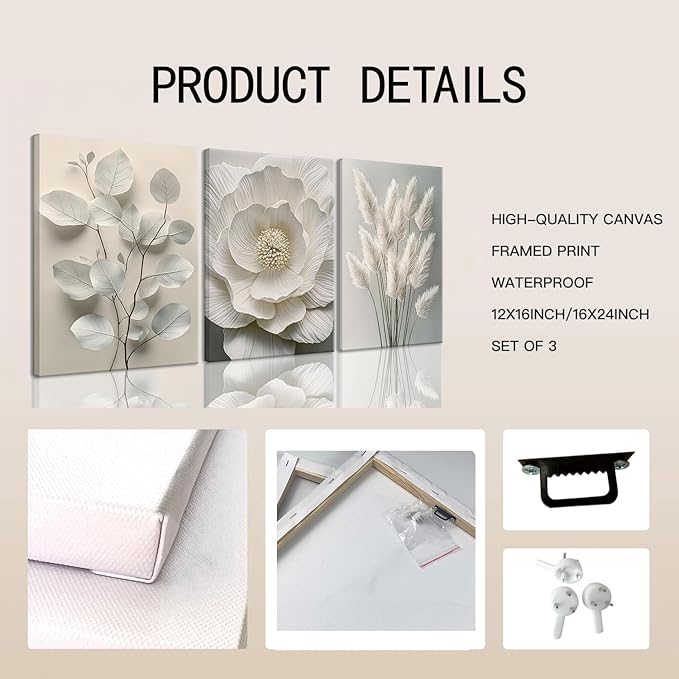 TUEASKY 3 Piece Canvas Wall Art Beige Wall Decor Flower Pictures Floral Art Prints Neutral Botanical Paintings Minimalist Artwork For Bedroom Living Room Office