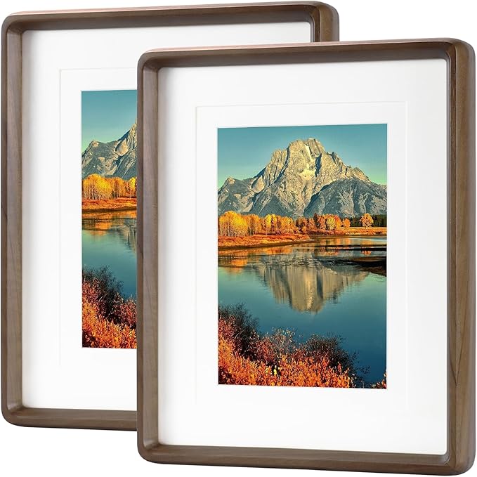 HELPLEX 8x10 Picture Frame Set of 2 - Matte Black Walnut Wood with HD Tempered Glass, Adjustable for 6x8/5x7 Matted or 8x10 Open, Gallery-Quality Vertical/Horizontal Wall or Tabletop Display