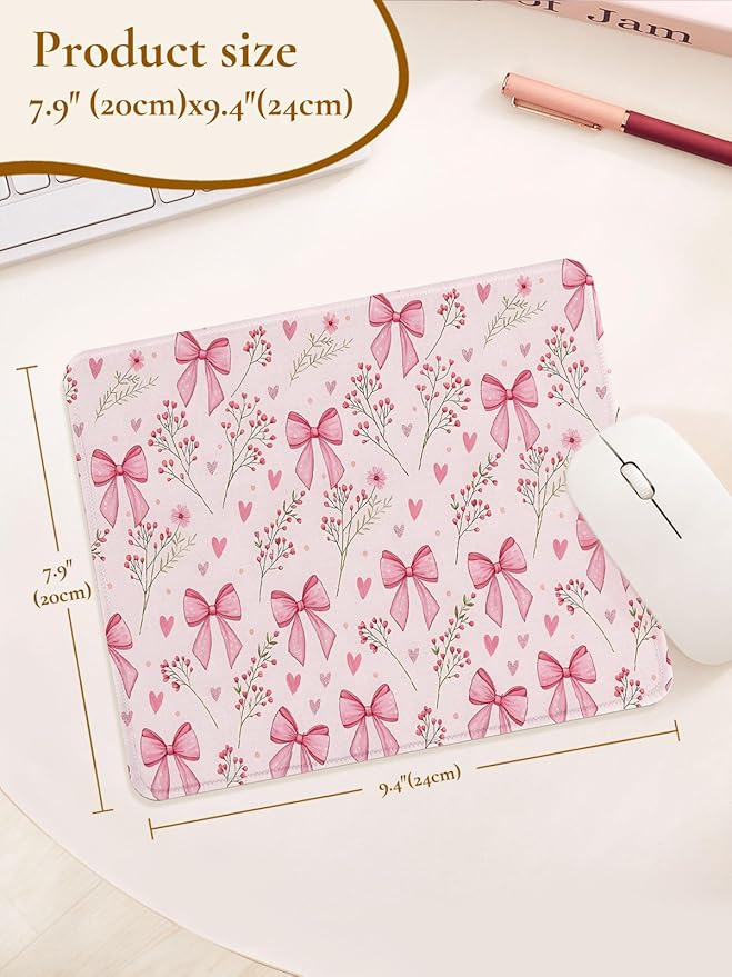 Cute Bouquet of Flowers Mouse Pad, Waterproof Aesthetics Floral Mouse Pads Design, Non-Slip Rubber Base Computer Simple Funny Mousepad,Small Mouse Mat Desk Accessories,Pink Bow