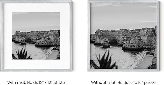 HAUS AND HUES 16x16 Silver Metal Picture Frames Matted to 12x12 - Premium Aluminum with Hanging Hardware, Shatterproof Plexiglass - Ideal for Home or Office (16x16 in, Silver, Set of 6)