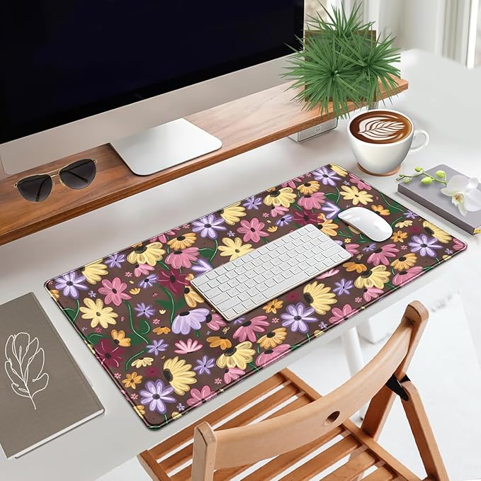 Pastel Floral Desk Mat - Retro CottagecoreBlooming Colorful Flowers Large Mouse Pad for Women Girls, Non-Slip XL Gaming Pad for Vibrant Study Office Cubicle Decor 31.5x15.7in