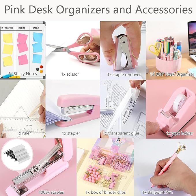 Office Supplies,Desk Accessories,with Stapler,Tape Dispenser,Staple Remover,Scissor,Ballpoint Pen,Sticky Notes,Clear Tape,Staples,Desk Organizer,Ruler,Binder,Best Gift Set(White)