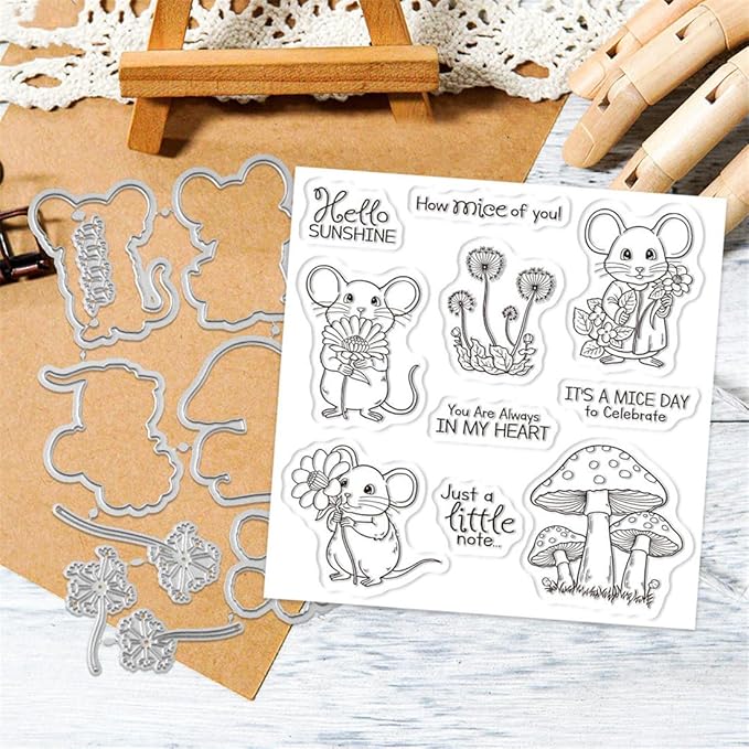 Flower Mouse Mushroom Stamps and Cutting Dies for Card Making DIY Transparent Silicone Clear Stamp and Metal Die Cuts Sets for Scrapbooking Paper Greeting Cards Decor Seals Craft Supplies