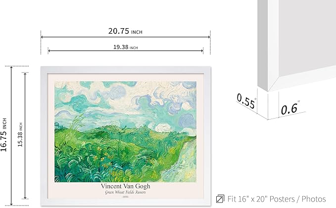 Monem Art Vintage Van Gogh Poster - Retro Green Wheat Fields Auvers Print - Impressionism Art - Fine Art - Landscape Art - Classic Painting Art - Great Living Room Decor - 16x20 White Framed