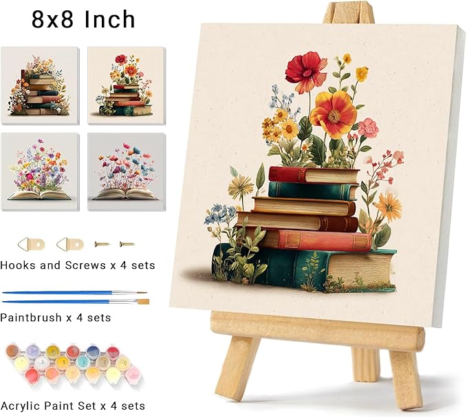 Banket 4 Pack Framed Paint by Numbers Kit for Adults Beginner Book Adult Paint by Number Kits on Canvas Flowers Painting by Numbers for Adults with Frame DIY Painting Kits for Home Wall Art 8x8 Inch