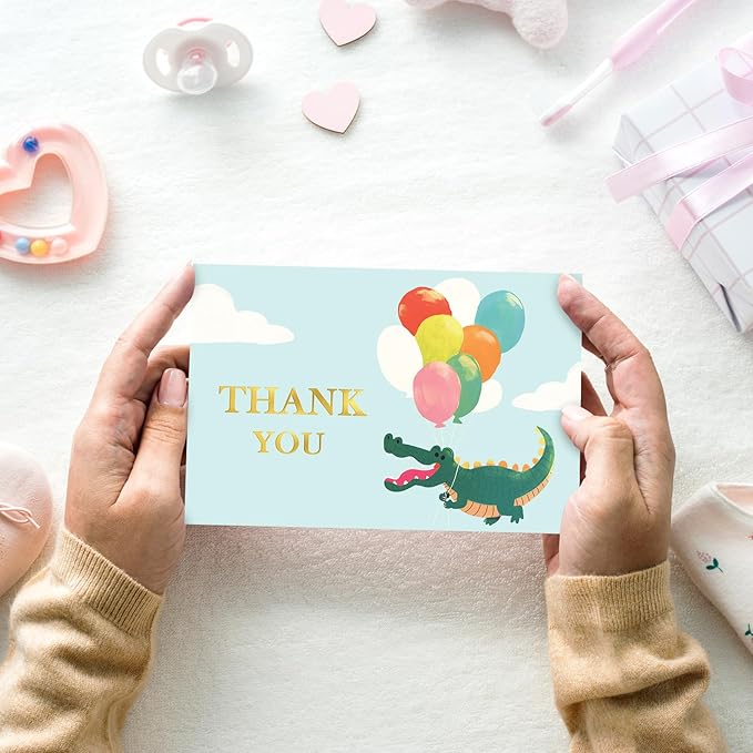 Whaline 24 Pack Alligator Birthday Thank You Cards Greeting Cards Gold Foil Blank Note Card with Envelopes Stickers for Boy Baby Shower Gender Reveal, 4 x 6 Inch