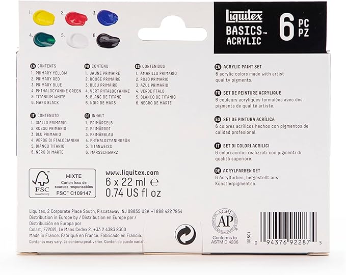 Liquitex BASICS Acrylic Paint Set, 6 x 22ml (0.74-oz) Tube Paint Set, Primary